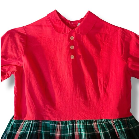 Vintage 1950s Little Star Girls Dress Sz 10 Red Green Plaid Peter Pan Collar - Picture 4 of 11